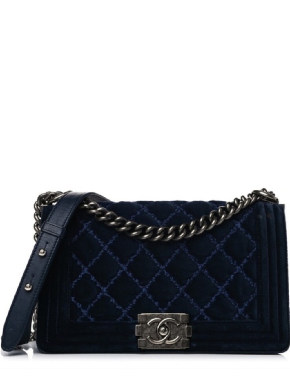 Like NEW! CHANEL BOY BAG WILD STITCH SUEDE LIKE VELVET TWEED LIKE IN NAVY BLUE! - Picture 1 of 16